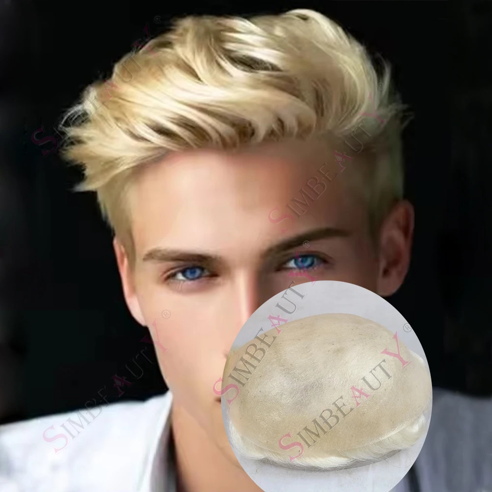 

Realistic Men's 613# Blonde Capillary Prosthesis0.06-0.08mm Strong Vloop Knots 100% Human Hair Mens Toupee Thin Skin Male Wigs
