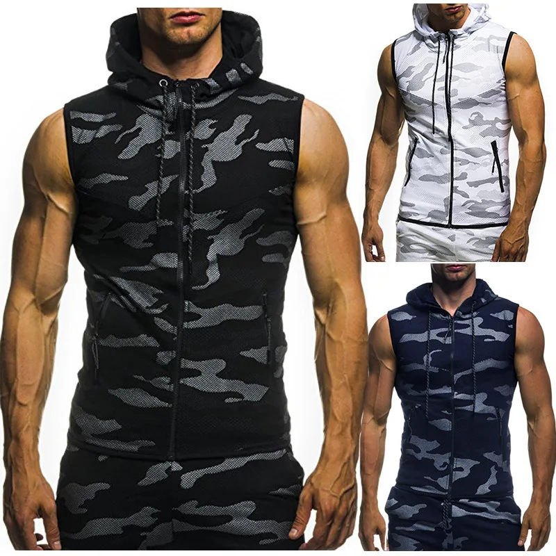 2022 New Men\'s Red Camouflage Zipper Hooded Sleeveless Camouflage Printed Fitness Sports Vest Running top Mens men gym