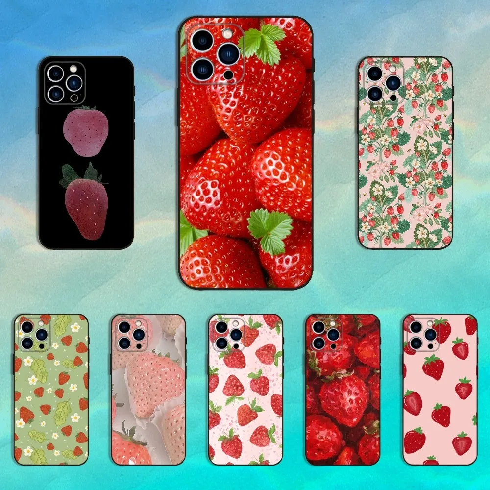 

Fruit Strawberry Phone Case For iPhone 16,15,14,13,12,11 Plus,Pro Max,XS,X,XR,SE,Mini,8,7，Soft Silicone Black Cover