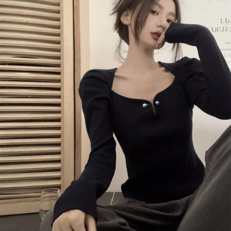 Camisetas con cuello cuadrado para mujer, diseño sólido, moda coreana única, combina con todo, corte entallado, interior de punto, informal, Popular, Otoño Invierno