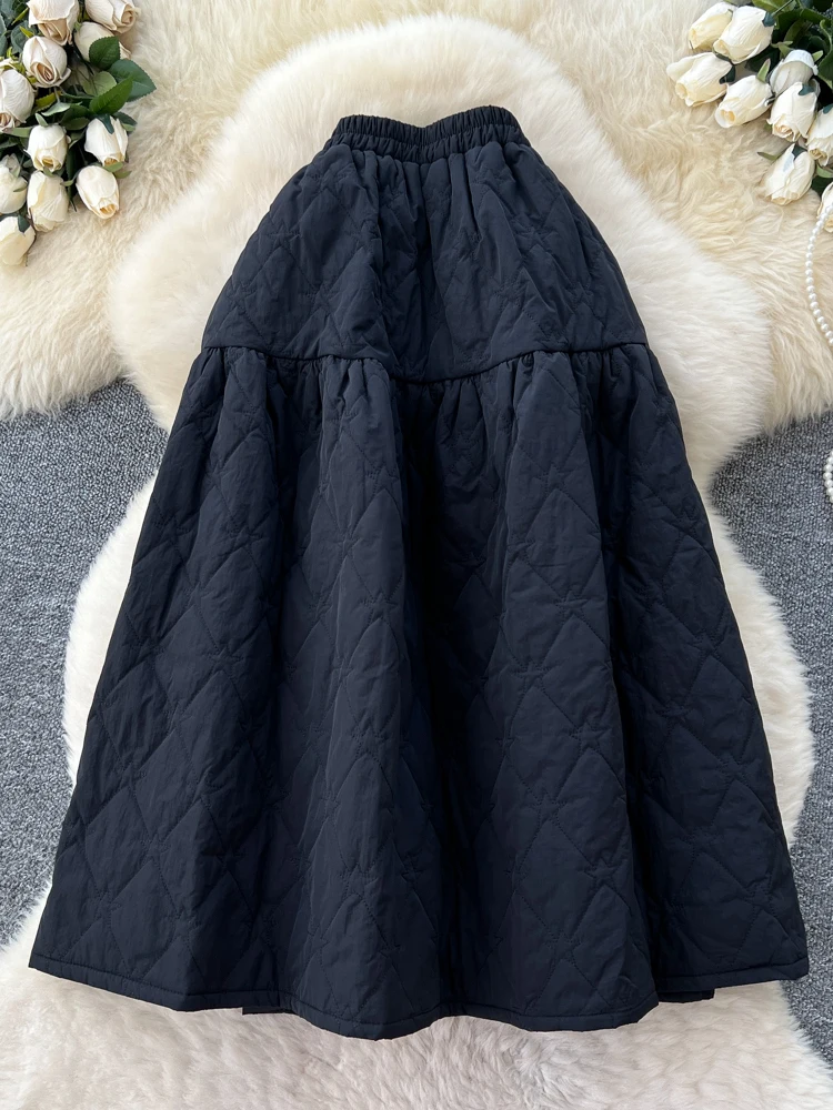 Falda informal gruesa y cálida Retro para mujer, faldas largas acolchadas de Color sólido, estilo Vintage, otoño e invierno, 2025