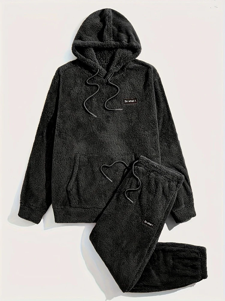 Fall Winter Warm Outdoor Fleece Two Piece Suits Men Spring Fashion Solid Color Fleece Furry Hoodie And Pants Outfits Mens Sets