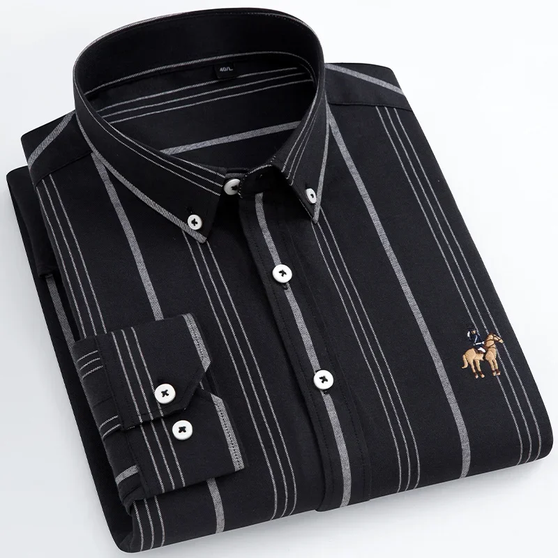 2023 Oxford Regular Fit  Mens Striped Shirts Casual Long Sleeve Button Collar Business Formal Man Office Shirt without Pocket