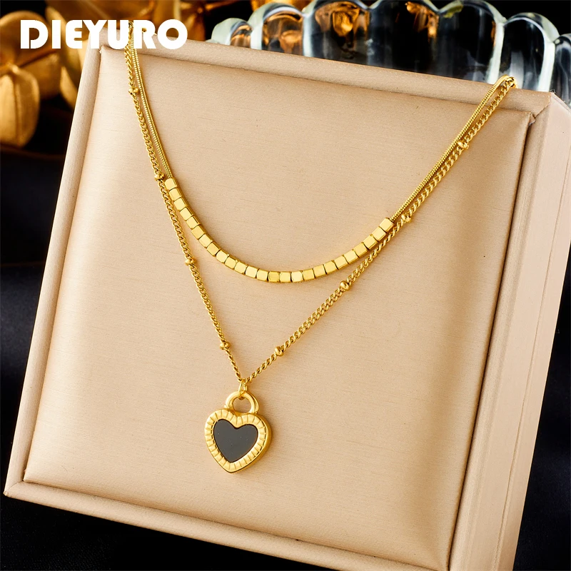 DIEYURO 316L Stainless Steel Black White Double Heart Pendant Necklace For Women Girl Fashion Multilayer Chain Jewelry Gift