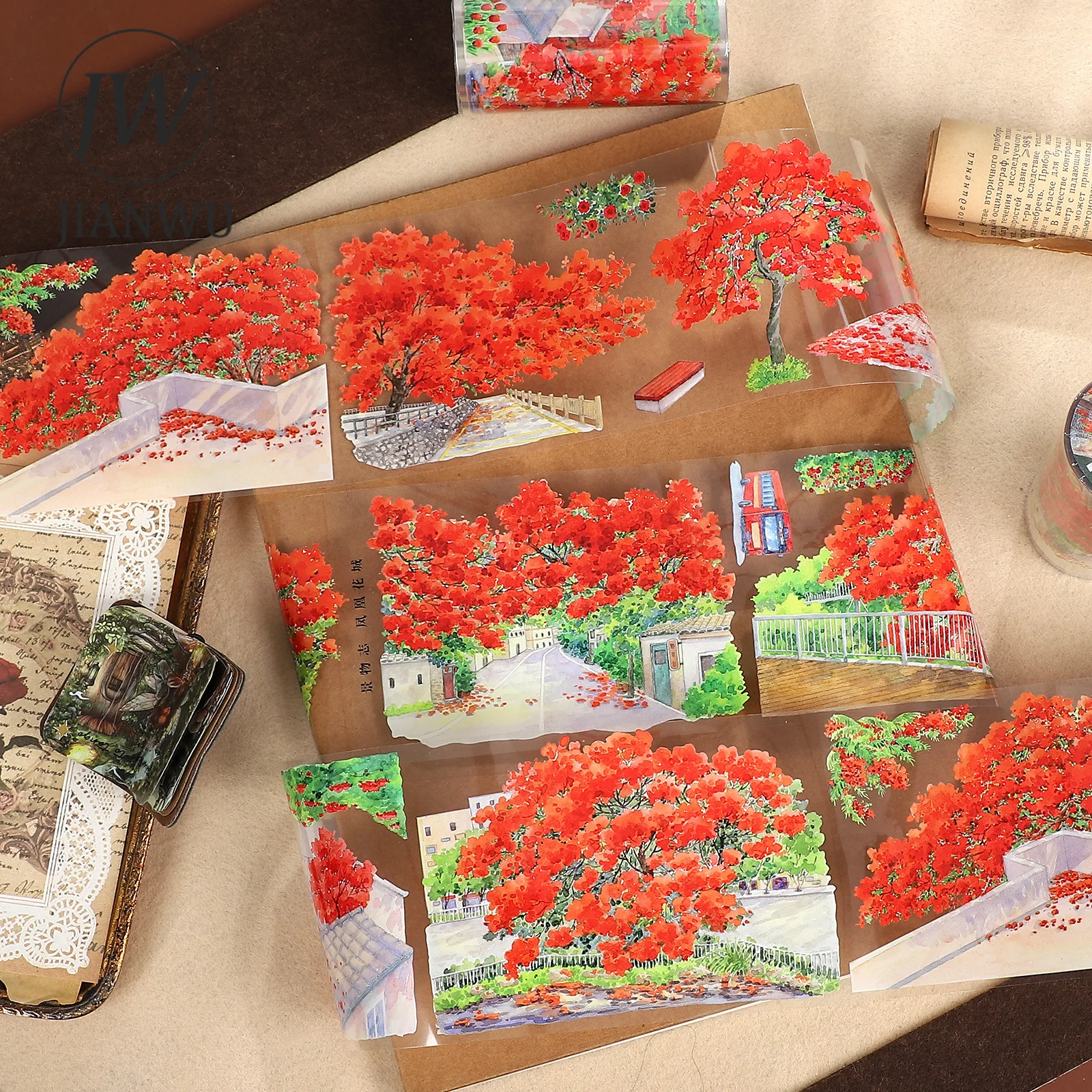 

JIANWU 80mm*5m Vintage Phoenix Tree Flower Landscape Material Collage PET Tape Creative DIY Journal Stationery