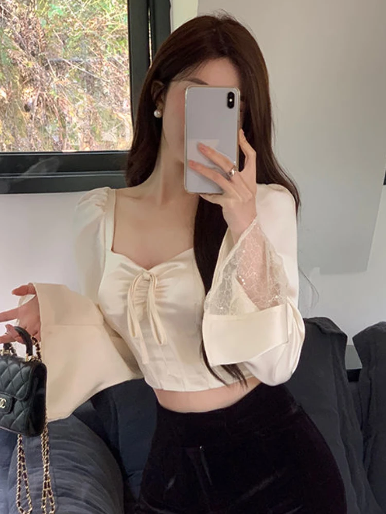 Blouses for Women Lace Patchwork Sweet Flare Sleeve Spring All-match Casual Slim Fit Crop Tops Ulzzang Style Ladies Basic Tender