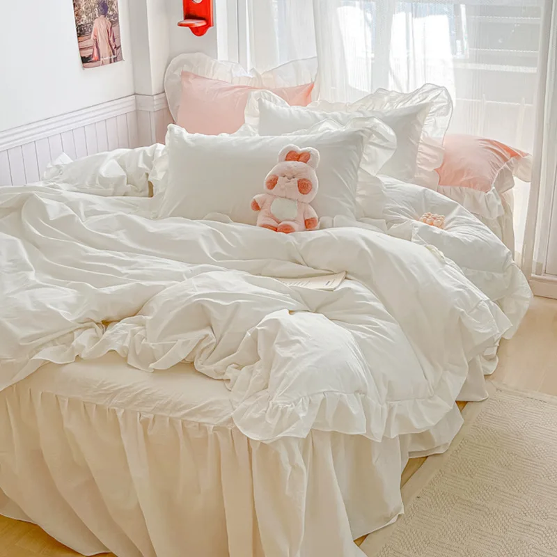 Ins Princess Style White Lace Duvet Cover Solid Color Comfortable And Soft Four Piece Set Girl Heart Bedroom Bed Decoration