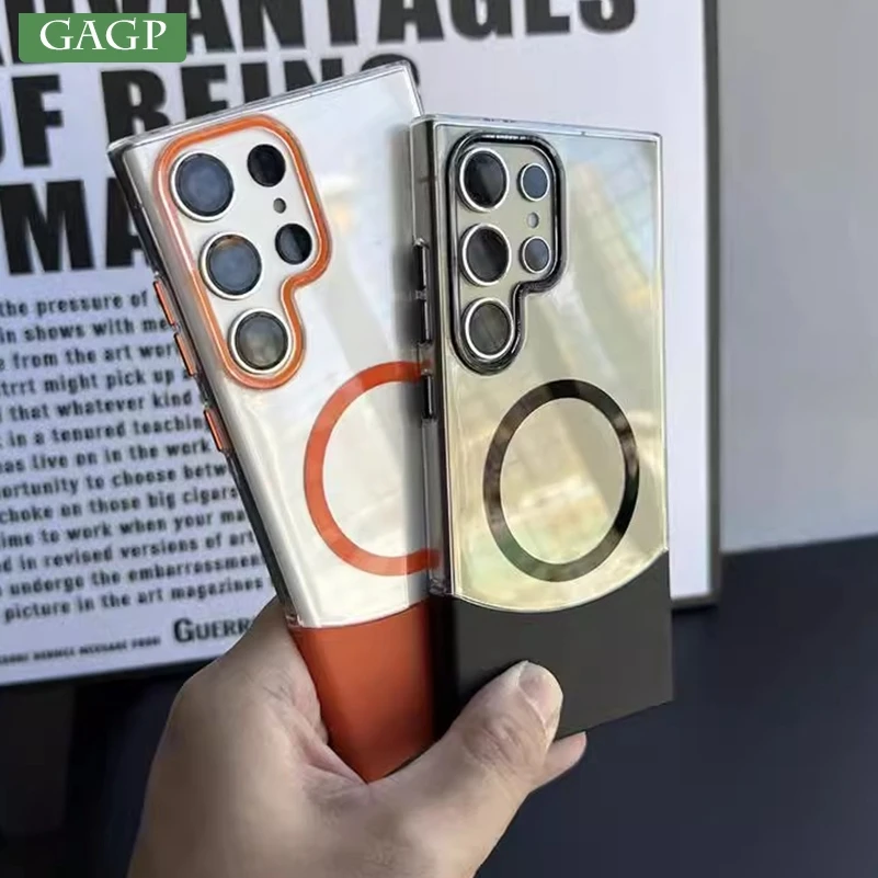 초박형 클리어 히트 컬러 맥세이프 휴대폰 케이스, 갤럭시 S23 울트라 삼성 S24 울트라 도금 무선 충전 PC 커버, 2 in 1