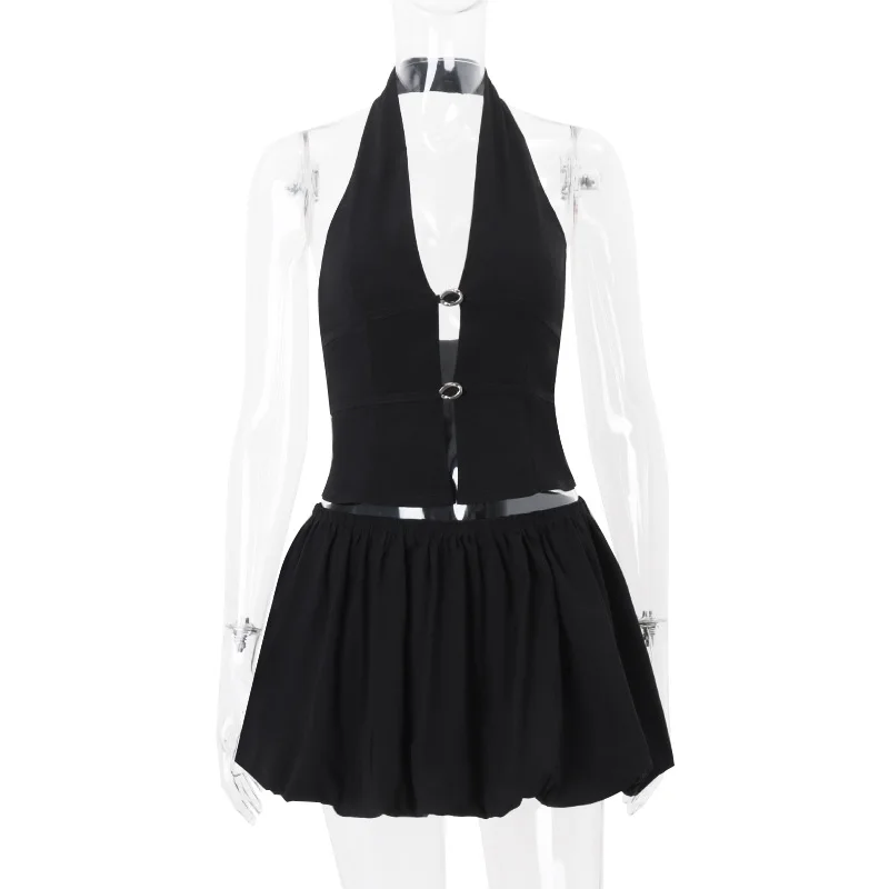 Dsmtrc 2025 moda high street 2 peças saia ternos para mulheres festa de verão sem costas halter colheita topo + mini saia tutu vestido conjuntos