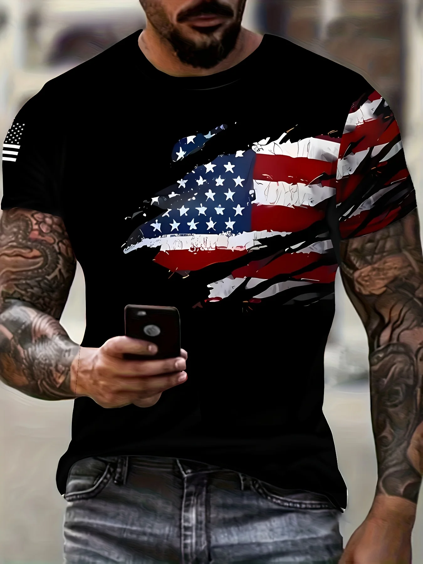 

Vintage Men's 3d American Flag Print T-Shirt Distressed Patriotic Design Breathable Polyester Short-Sleeved Top Streetwear Outd