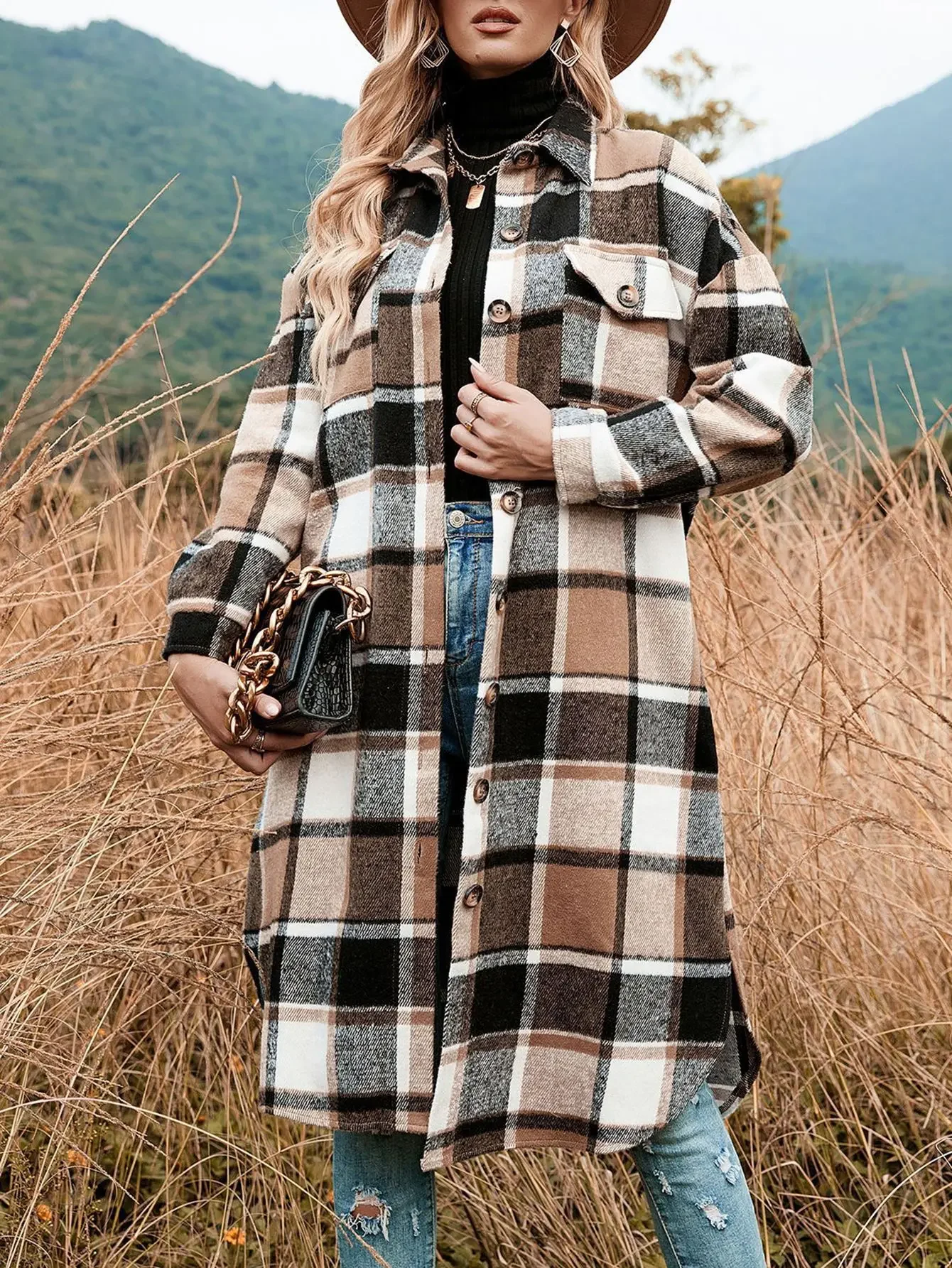 

Women's Coats Autumn Winter Fashion Casual Plaid Long Sleeve Single Breasted Loose Fit Daily Basic Coats