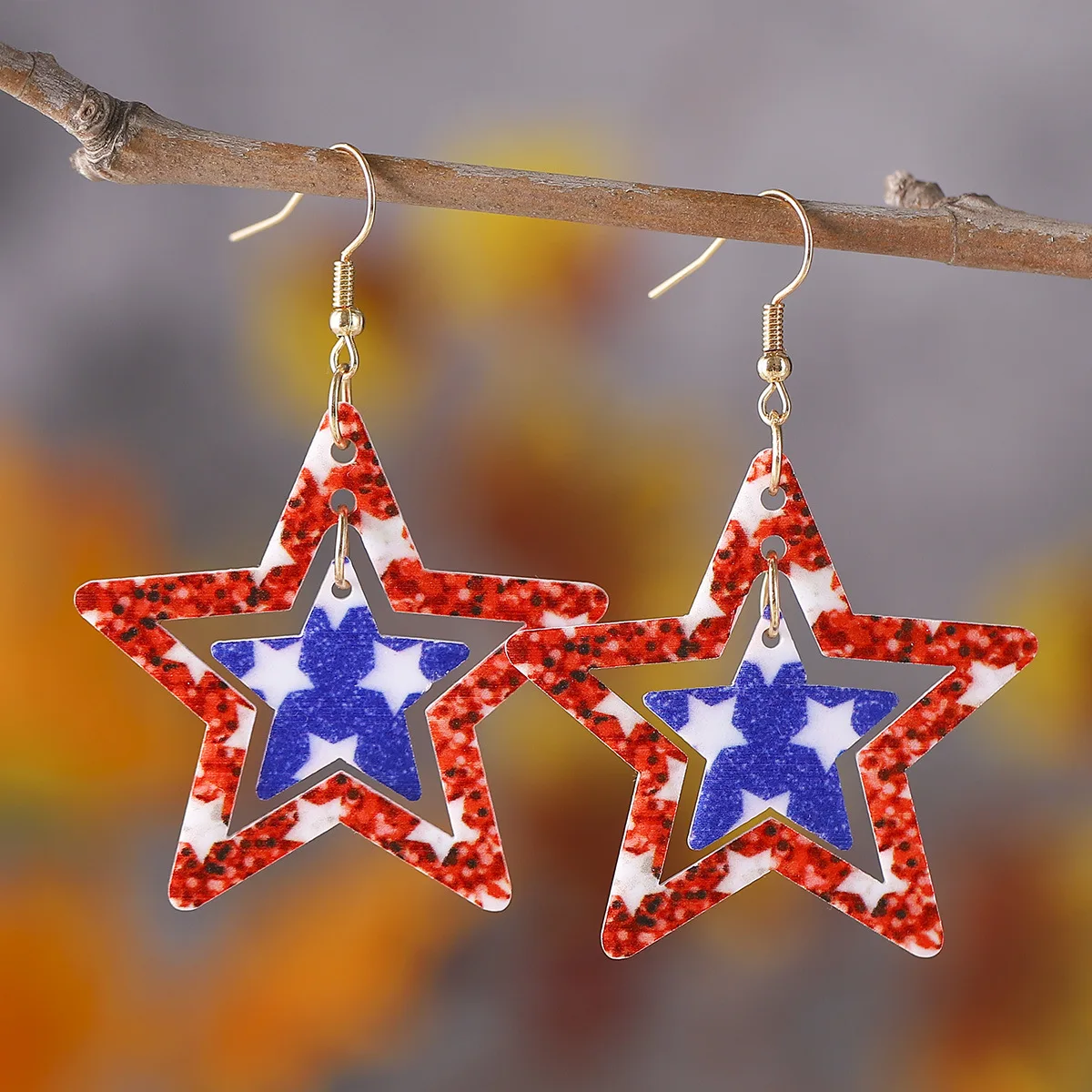 new Independence Day earrings, scallion powder board, double-sided acrylic leather, red, white and blue five-pointe