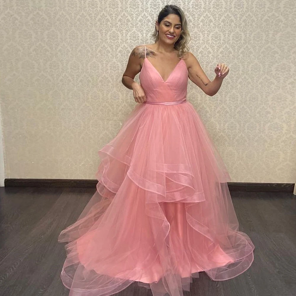 

Bafftafe A Line Ruffles Tulle Long Prom Dresses V-Neck Spaghetti Strap A Line Women Formal Party Prom Gowns Wedding Dress