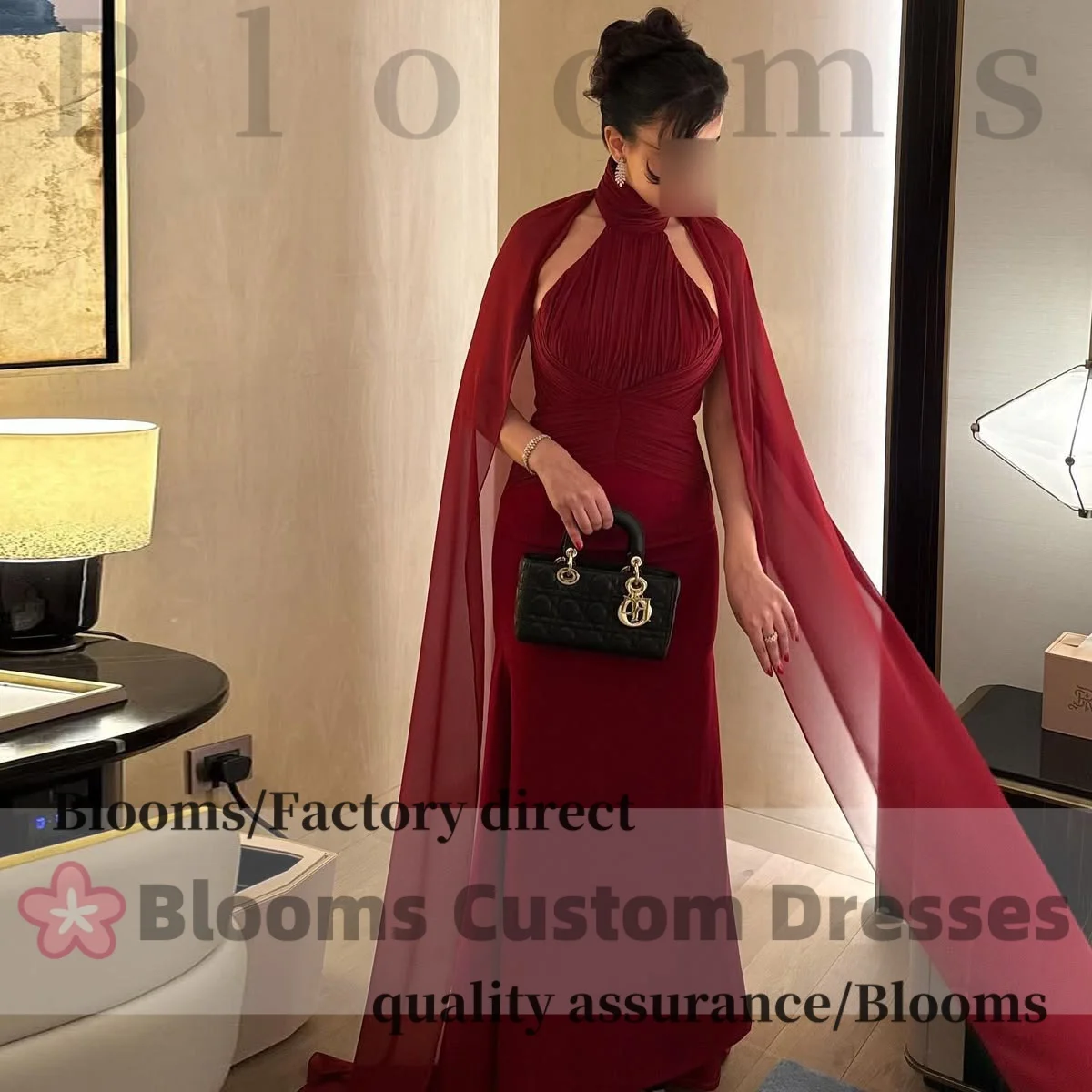 

Customized Burgundy Halter Neck Cape Fitted Waist Prom Gown Mermaid Evening Dresses 2026 Gorgeous Party Dress