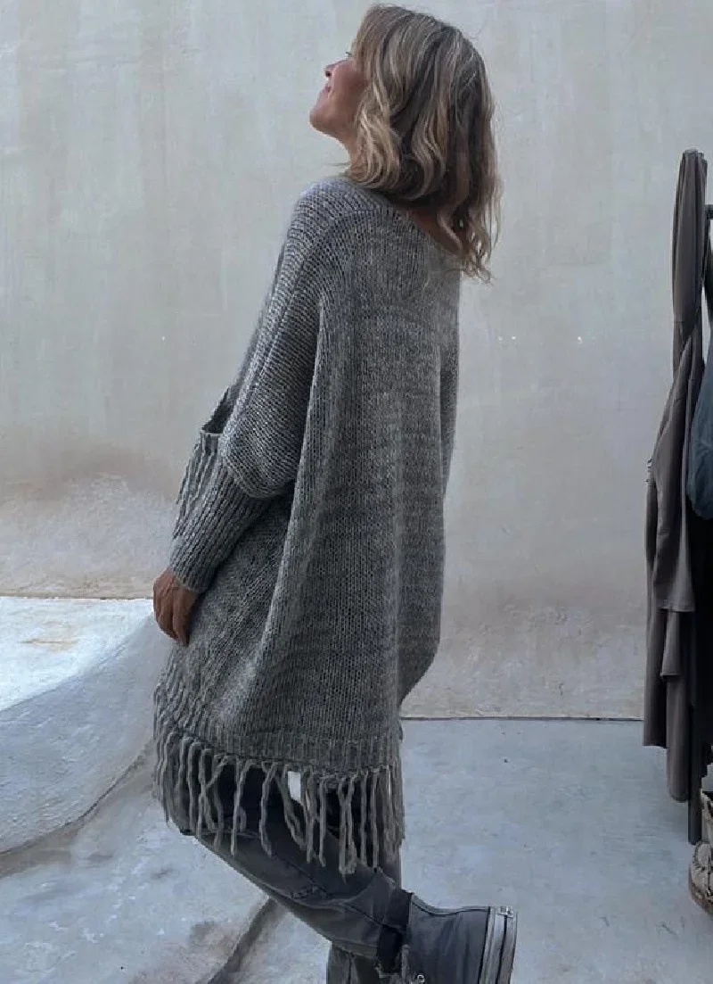 Boho Oversize jesienno-zimowy ciepły sweter sukienki dla kobiet dekolt w serek luźne kieszenie sweter z dzianiny z frędzlami sweter artystyczne