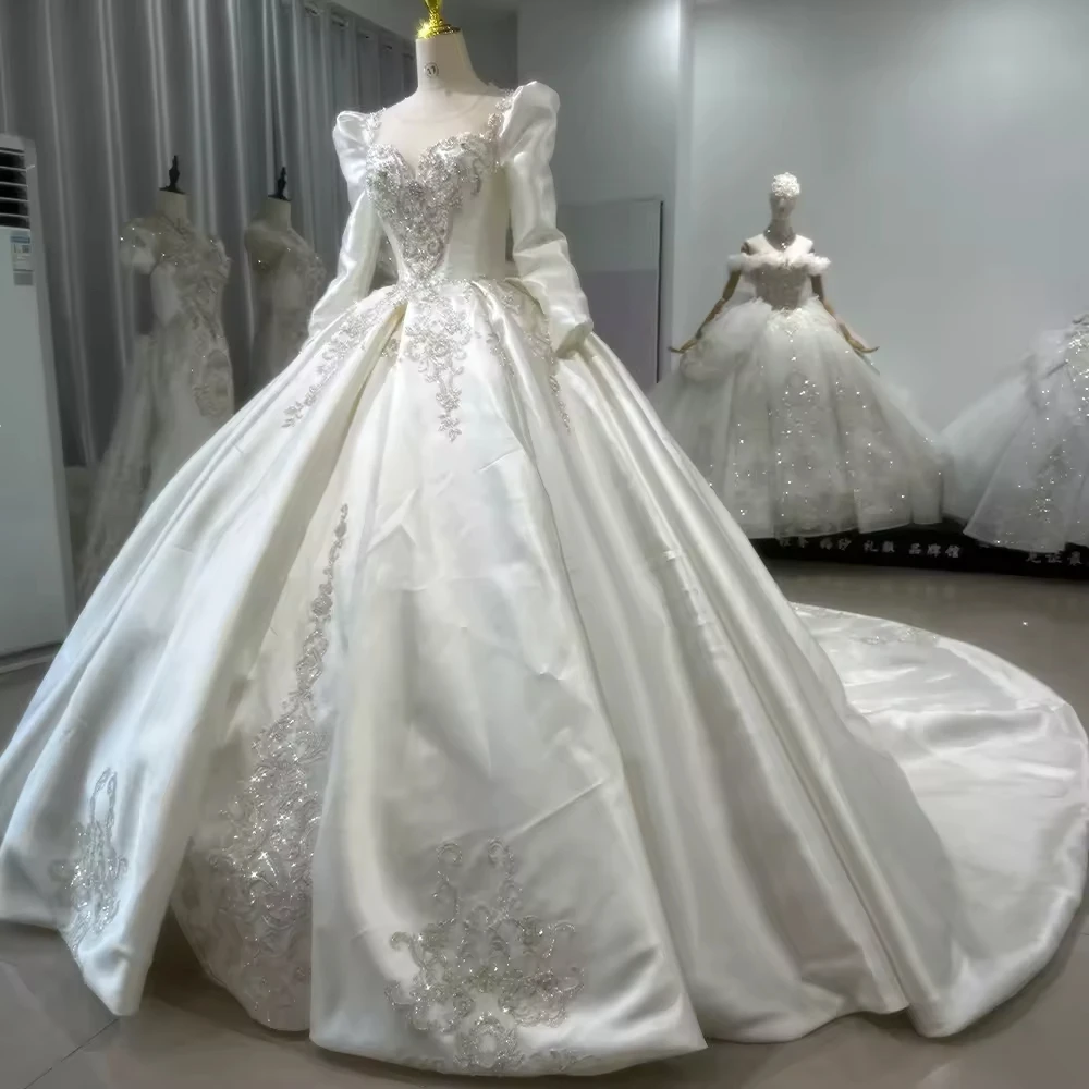 Robe Mariée Femme O-คอยาวแขนยาว Lace Up กลับชุดแต่งงานเย็บปักถักร้อย Sequined Ball Gown ที่กําหนดเองชุดเจ้าสาว
