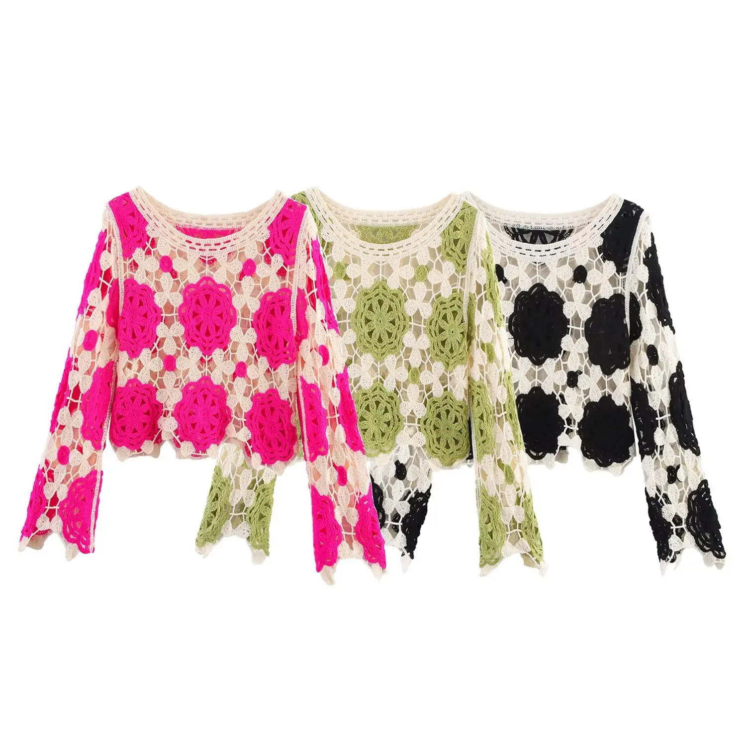 

Summer New European And American Style Long-Sleeved Hollow Knitted Top Lazy Style Women's Fashion Sweater Wholesale