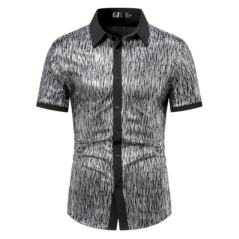 Shiny Metallic Shirt Men 2024 Brand Slim Short Sleeve Chemise Homme 70s Diaco Party Dance Shirt Hip Hop Streetwear Tops Blouses