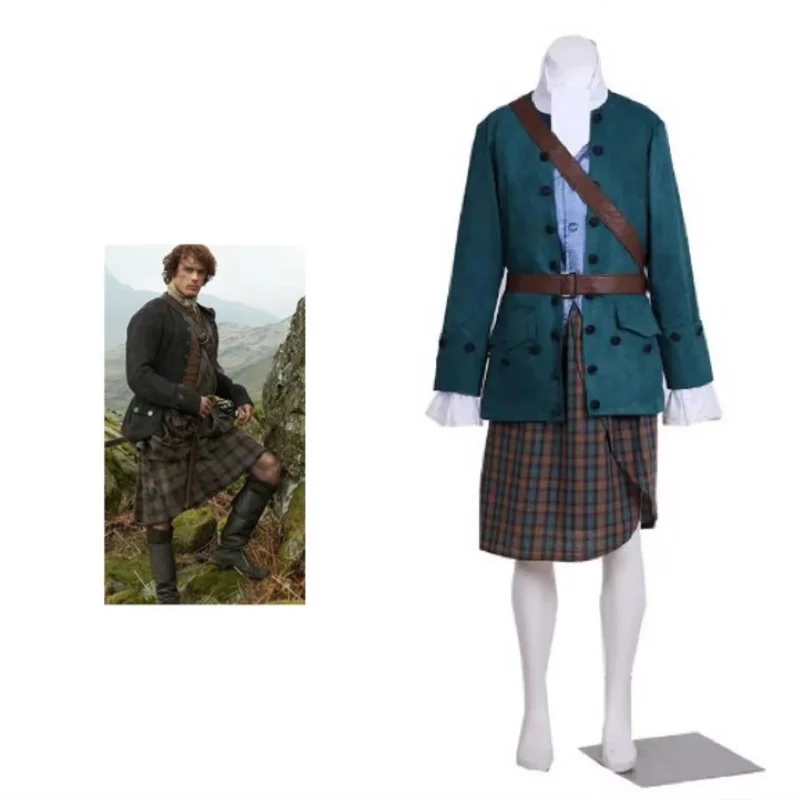 TV  Outlander  Jamie Fraser Cosplay Costume Blue Uniform Set  Men's Scottish Skirt  Halloween Outfit