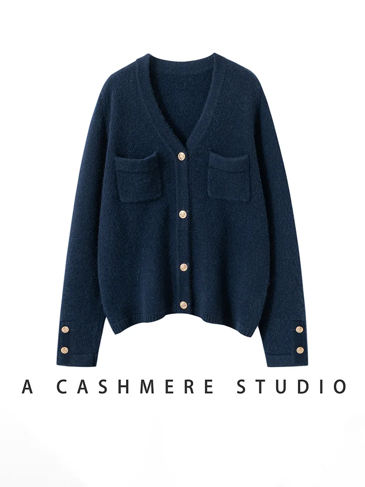 

MEETCC Women's 100% Cashmere Sweater V Neck Buttoned Cardigan Pockets Buttons Decorate Autumn Winter Warm Outerwearn Grace Tops