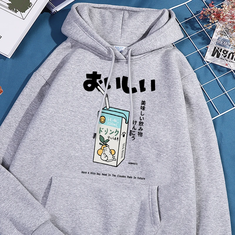 Japanese Drinks Black Printing Men Hoodie Harajuku Fleece Sportswear Fashion Crewneck Sweatshirt Vintage Oversize Clothes Male