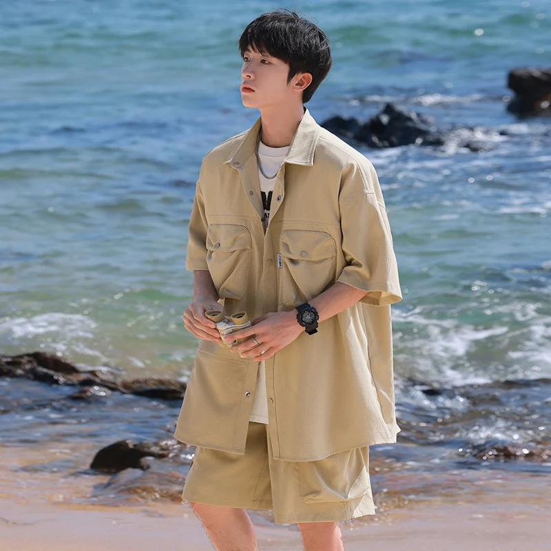 

Мужской комплект-карго, новинка 2025, летняя рубашка с короткими рукавами и шорты, легкий дышащий повседневный рабочий костюм большого размера