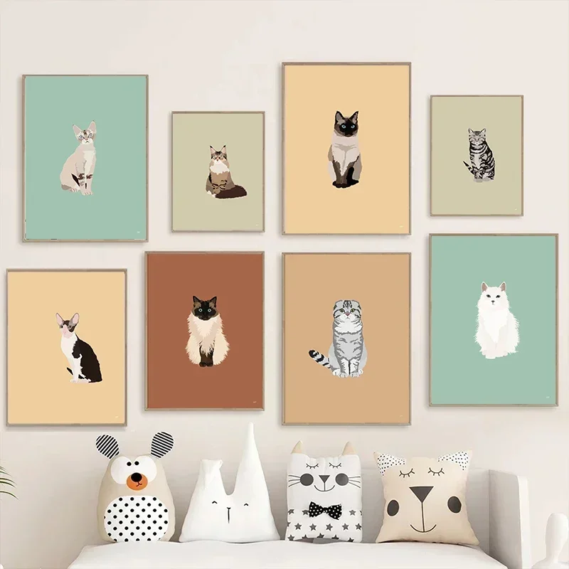 Frameless Canvas Painting Cute Siamese Sphynx Scottish Fold Cats Poster Prints Minimalist Kawaii Animal Wall Art Canvas Painting