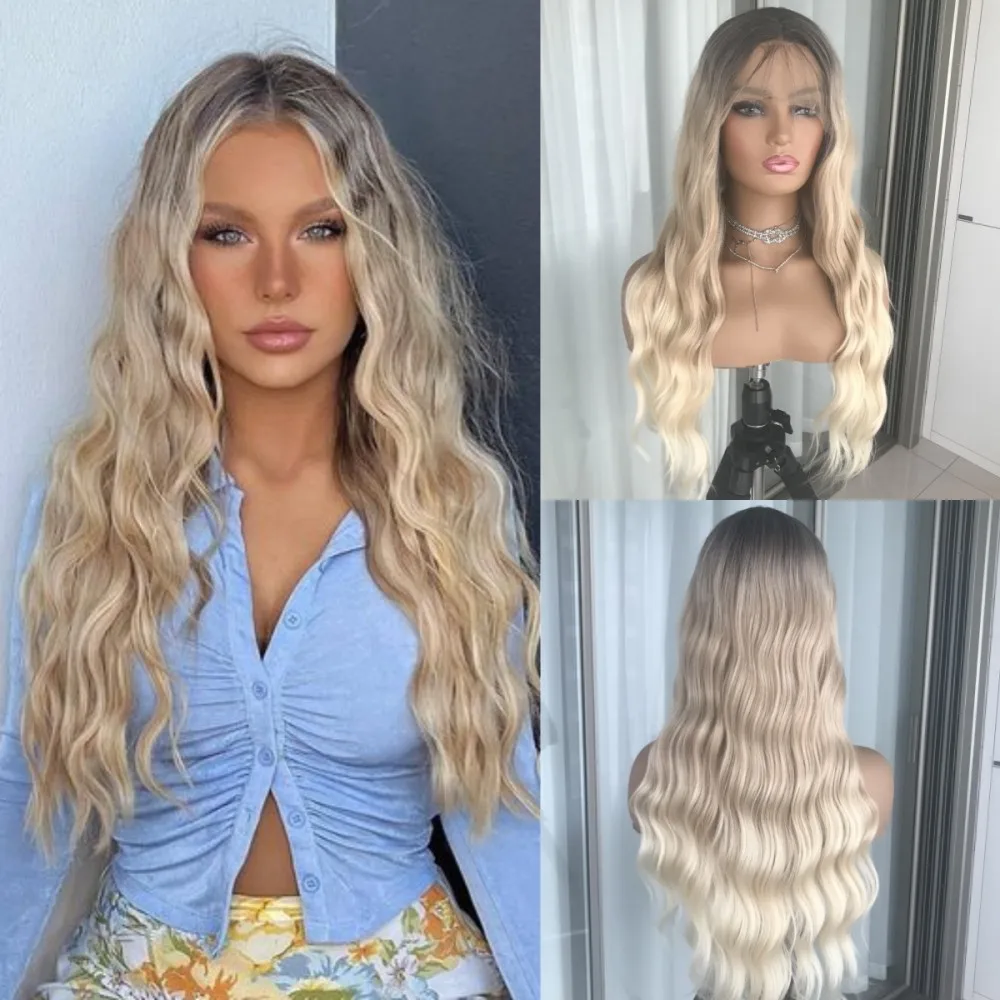 13x4 Lace Front Wig Deep Wave Synthetic Lace Wigs for Women Ombre Blonde Gray Long Wavy Heat Resistant Fiber Wigs Daily Use