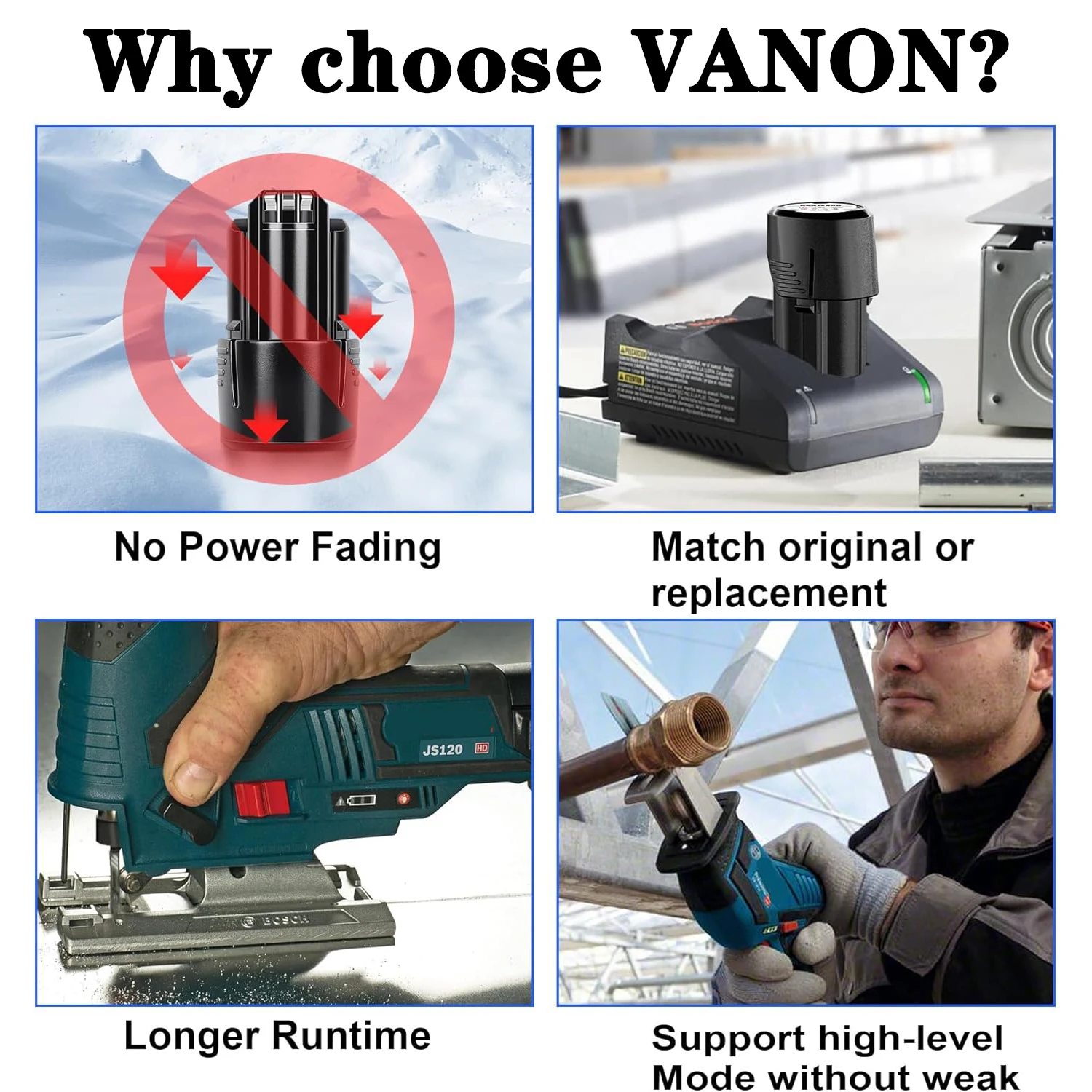 VANON 1/2/4 Uds 4.8Ah Li-on reemplazar para Bosch 12V BAT411 BAT414 D-70745 26073360 herramientas inalámbricas Pin de batería y cargador AL1115CV