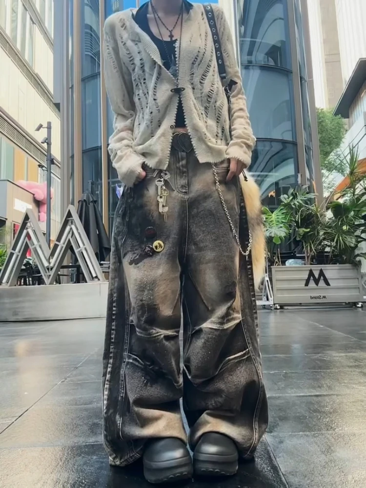 

American Style Large Size Vintage Faded Denim Jeans Men Women Street Design Loose Wide Leg Straight Long Pants High Waist