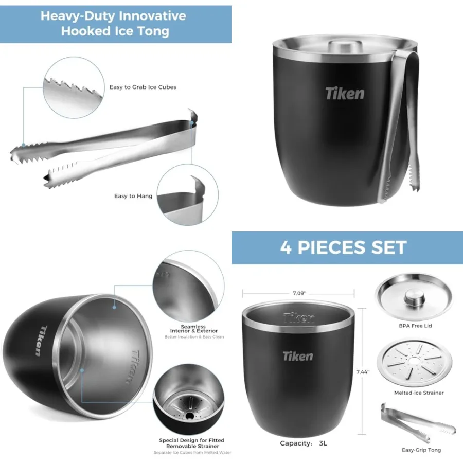 

3L Double-Wall Vacuum Insulated Ice Bucket with Lid Tong Stainless Steel Champagne Buckets for Cocktail Bar, Parties Outdoor