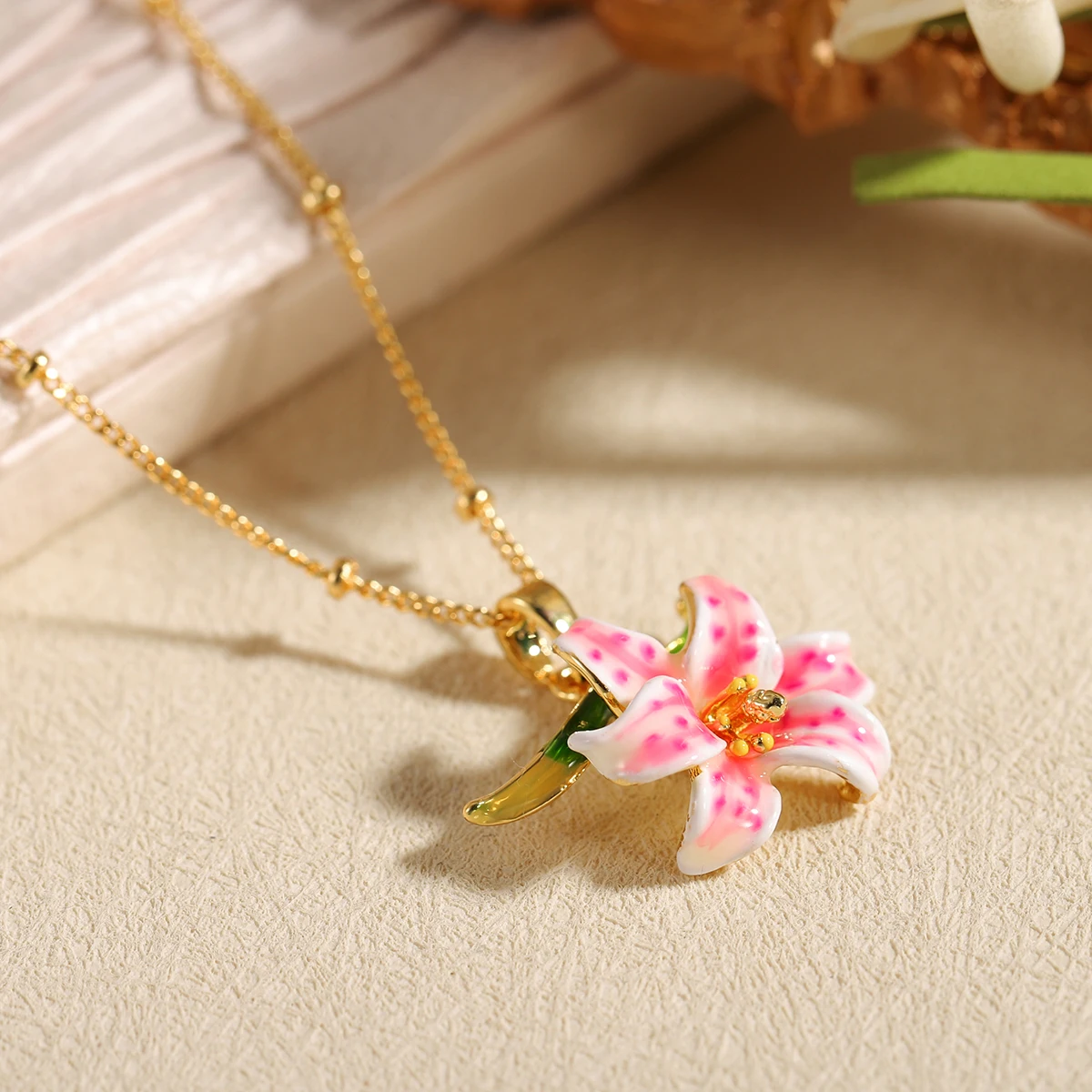

Elegant Pink Lily Flower Pendant Necklace for Women - Gold Plated Enamel Floral Charm Necklace, Dainty Nature Inspired Jewelry