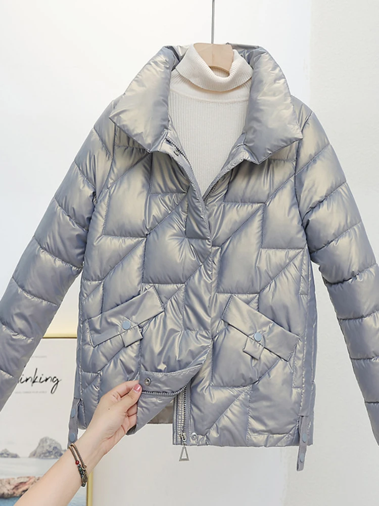 Jaquetas de algodão lustrosas femininas, parkas de inverno, casaco curto feminino, gola alta, parka quente casual, outwear, novo, 2023