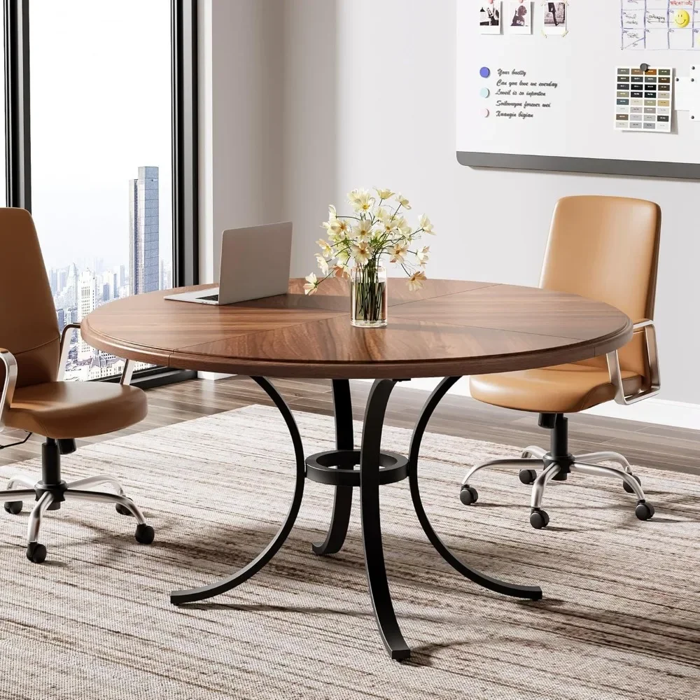 Round Conference Table, 47" Small Meeting Table with Wooden Texture Surface, Circle Business Seminar Table, Breakroom Table