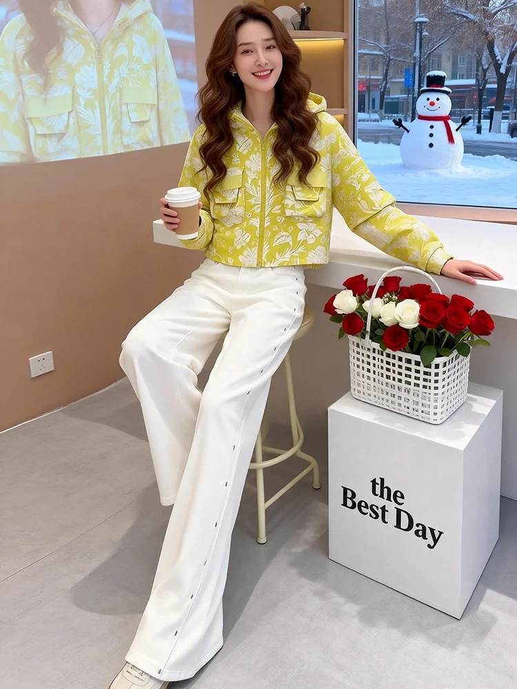 

Casual Style Long Sleeve Hooded Open Cardigan And Wide Leg Pants Two Piece Set for Women Spring 2026 High Waist Floral Pattern