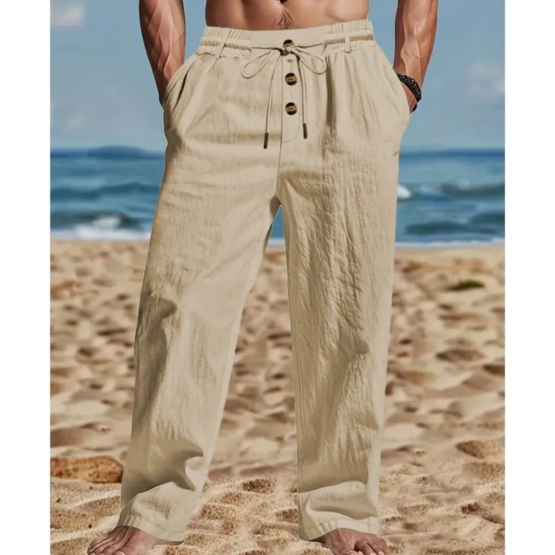 

Новые мужские хлопковые льняные брюки, мужские осенние новые дышащие однотонные льняные брюки для фитнеса, Гавайские мужские повседневные пляжные брюки