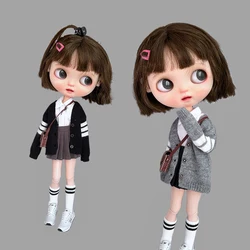 Dlbell artesanal blythe boneca roupas moda com decote em v camisola de malha casual cardigan camisa para blyth ob24 pullip bonecas acessórios