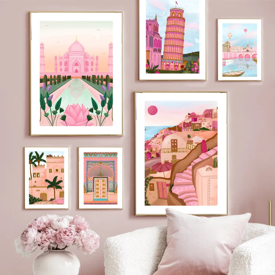 Pink Santorini Pisa Saint Basil Cathedral Wall Art Canvas Painting Nordic Posters And Prints Wall Pictures For Living Room Decor