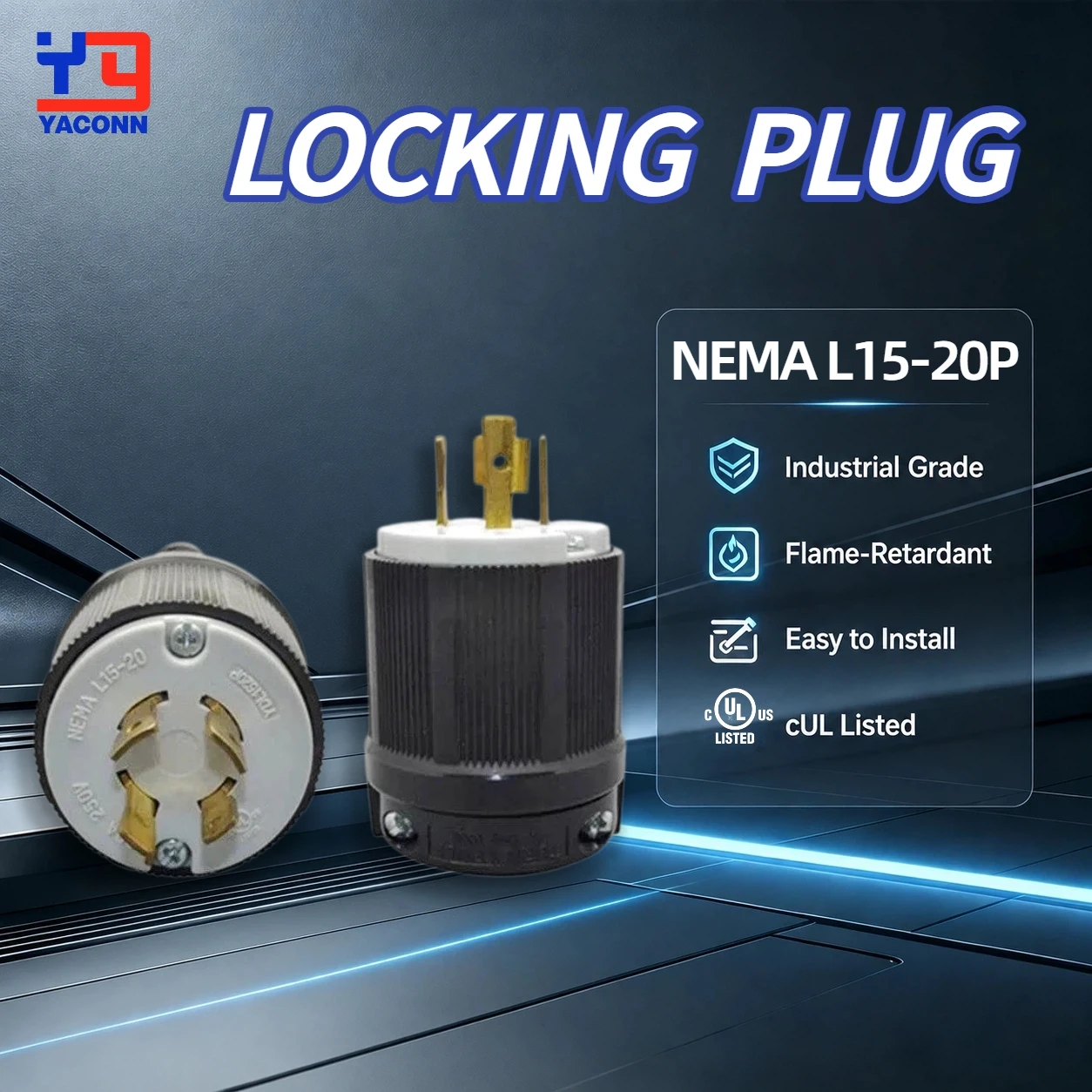 NEMA L15-20P Twist Lock Plug 20A 250V Male Extension Cord End , 3P 4W Locking Male Connector , Industrial Equipment
