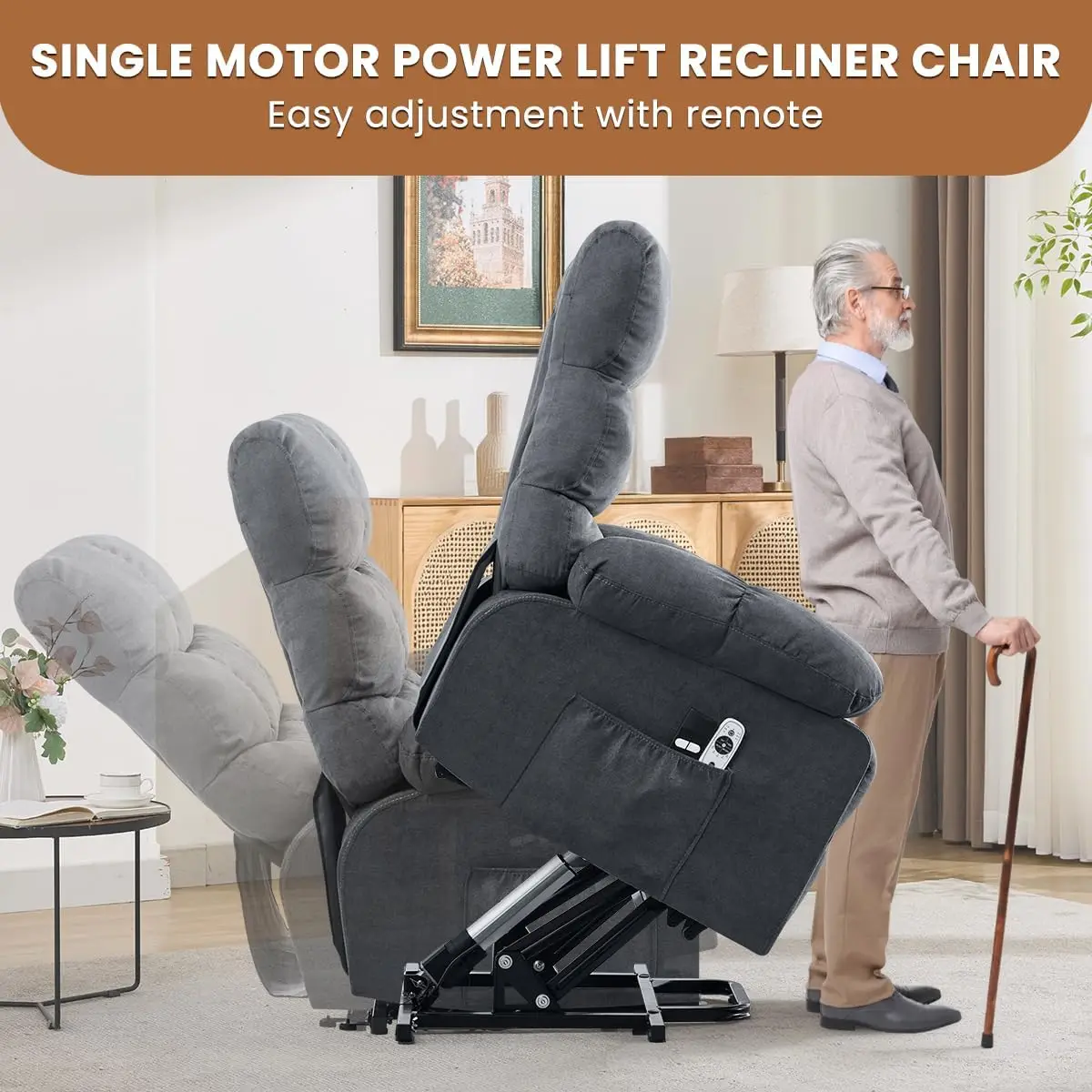 Power Lift Recliner Chair for Elderly with Heat and Massage, Electric Recliners Single Sofa with Side Pocket and USB Charge Port for Living Room and Bedroom Comfort view 3