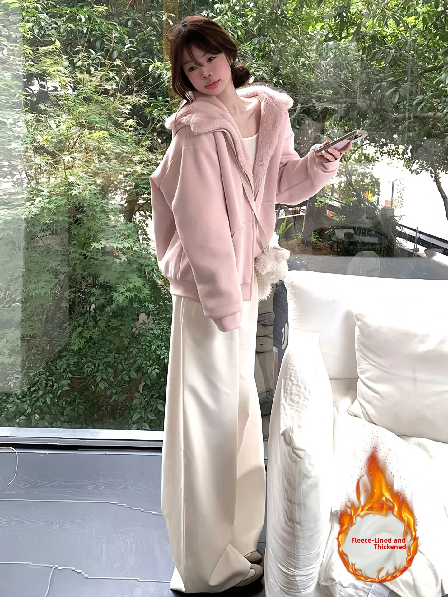 

Thickened Fleece Sportswear Set Women's Winter Casual Sweet Pure Pink Hoodie Wide Leg Pants Two-Piece Suit High Waist Cotton