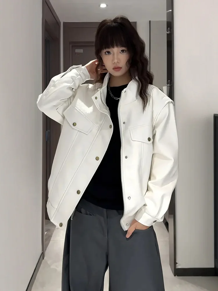 

Белая кожаная куртка-бомбер для мужчин, стильная, с эффектом высококачественной кожи, для пилотов и рабочих, на молнии, повседневная, из полиэстера...