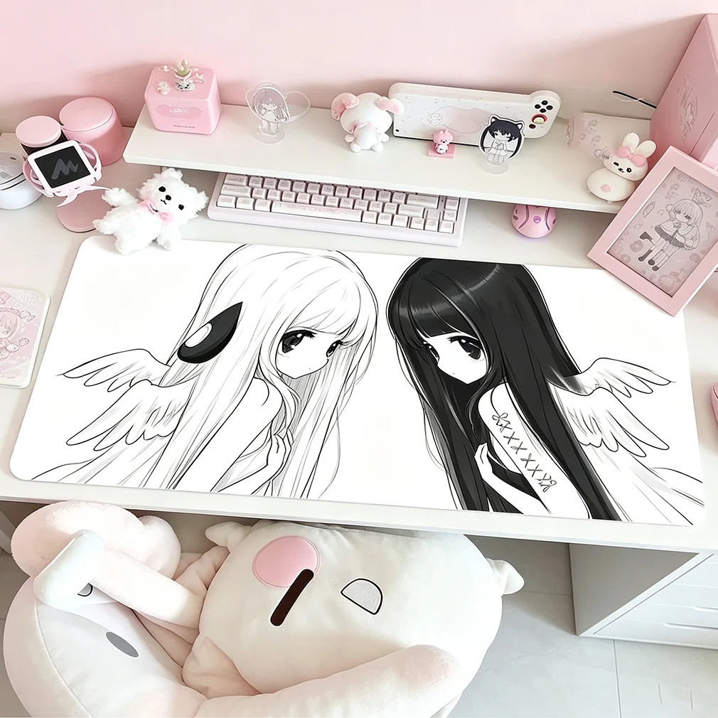 Japanese Anime Y2K Girl Black Line Sexy Kawaii PU Leather Desk Pad Protector Mouse Pad Office Desk Mat Non-Slip Desk Blotter Pad