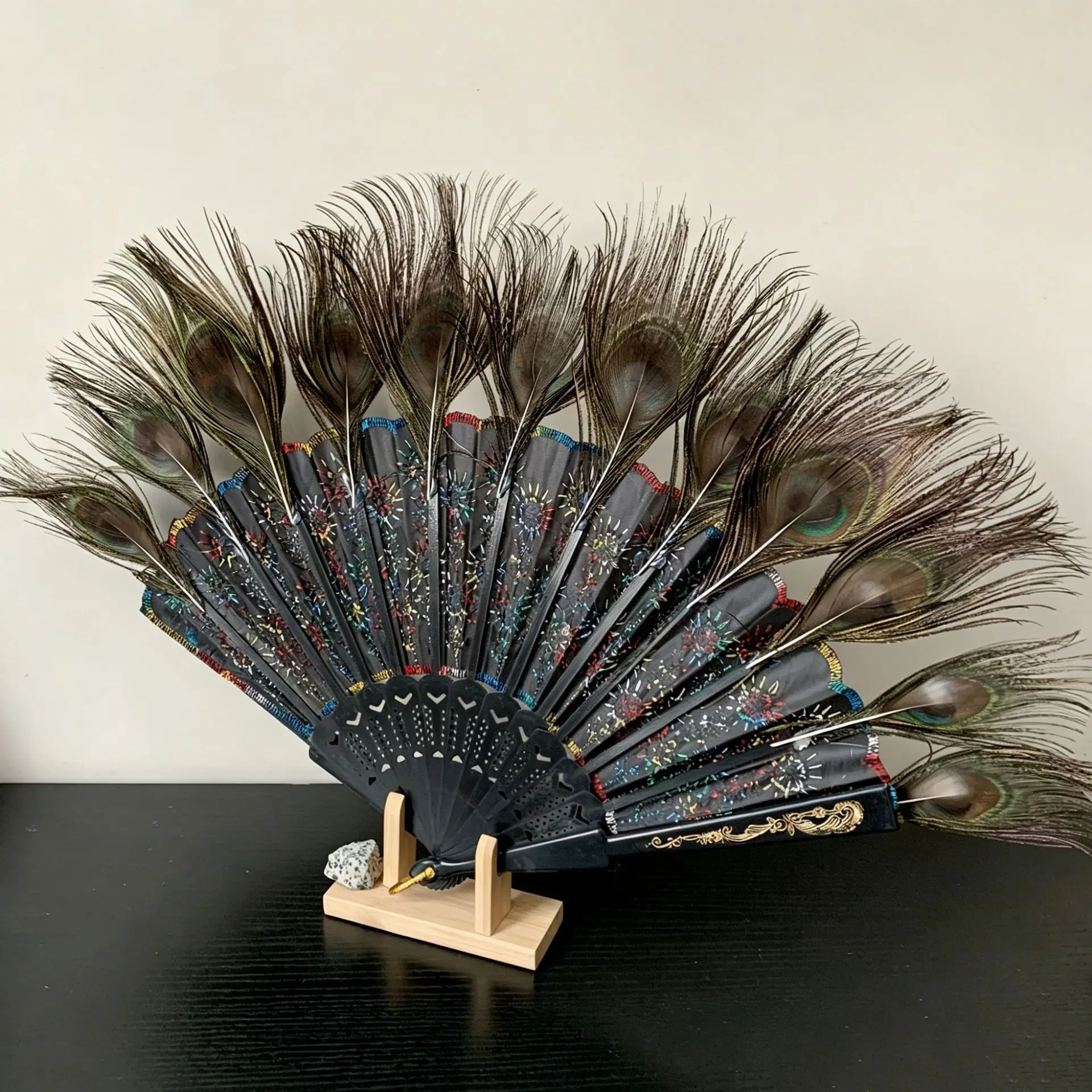 Chinese Peacock Feather Folding Fan Embroidered Sequin Hand Fan Black Frame Dance Performance Fan Gift Decor