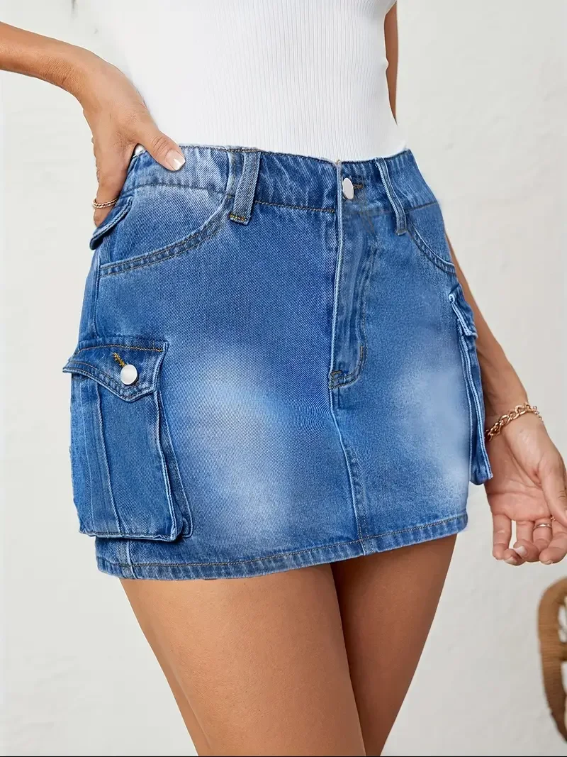 Mulheres sexy perna reta denim saia curta lado grande bolso botão denim minissaia verão