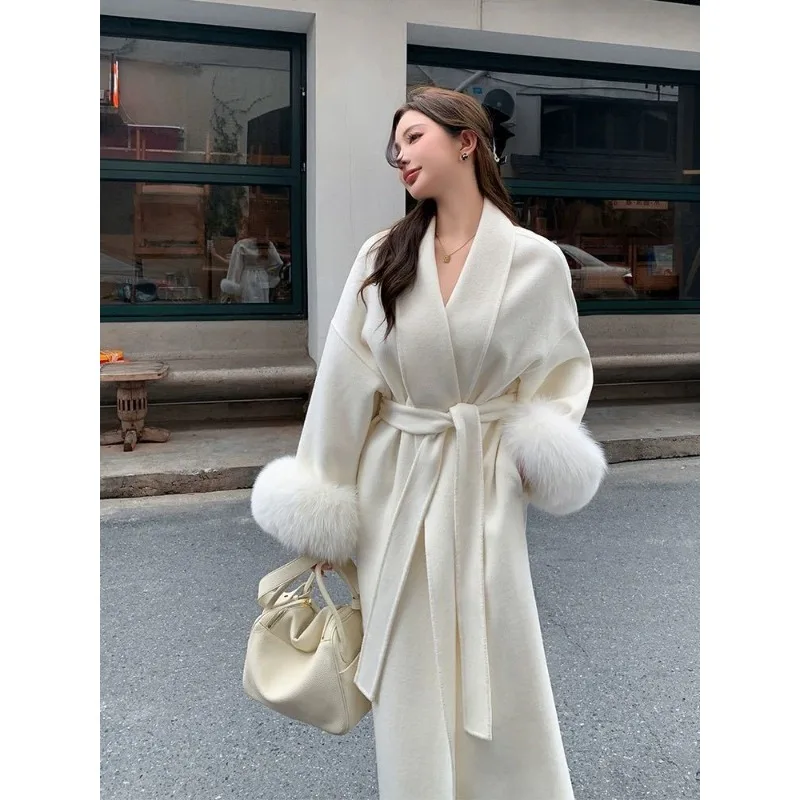

Элегантное двустороннее кашемировое пальто женское средней длины с мехом лисы, шерстяное, осенне-зимнее, новый стиль, корейский повседневный стиль