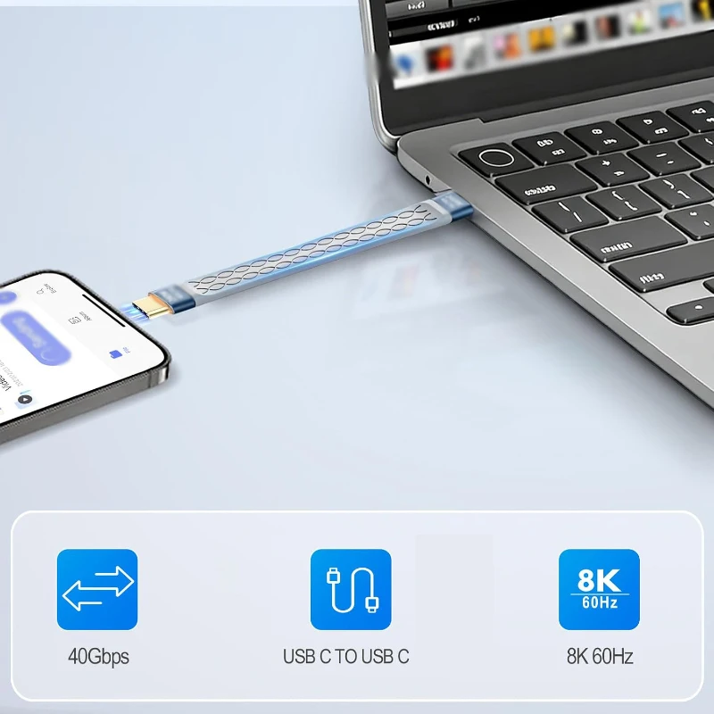 40Gbps Short USB-C to USB-C Cable – Flat Slim FPC Design, Fast Charging & 8K Data Transfer, Type-C Extension Cord