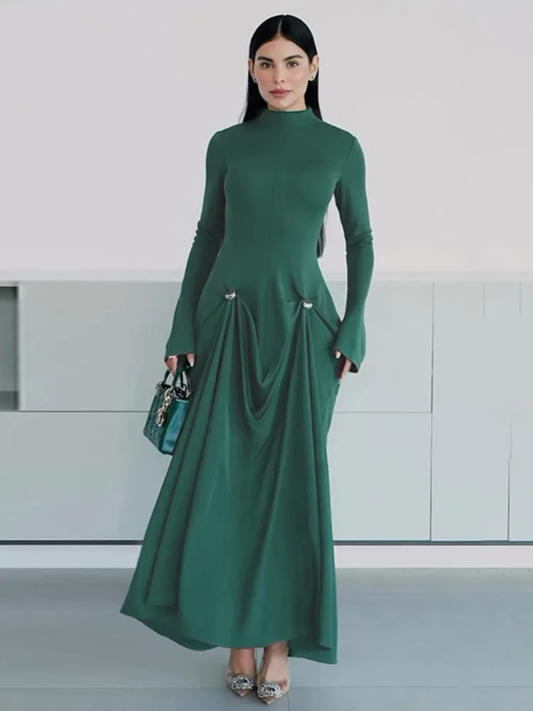 

Mozision Turtleneck Long Sleeve Maxi Dress For Women Autumn Winter New Ring Buckle Of Metal High Waist Elegant Long Dress