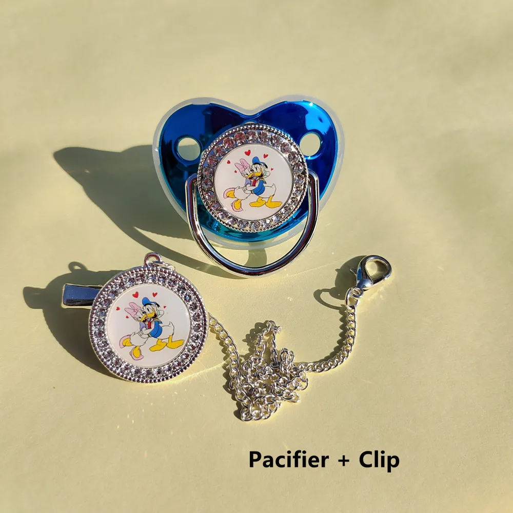 2022 New Baby Luxury Pacifier Cartoon Donald Duck Image Personalized Pacifier Chain Clip Set Toddler Newborn Nipples Baby Shower