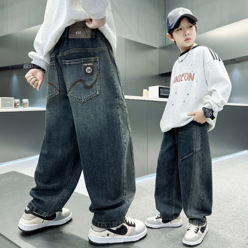 

Boy Jeans Ages 4-14Y Child Daily Pants Tween Boys Pocket Embroidery Denim Students Loose Blue Long Trousers Toddler Autumn Jeans